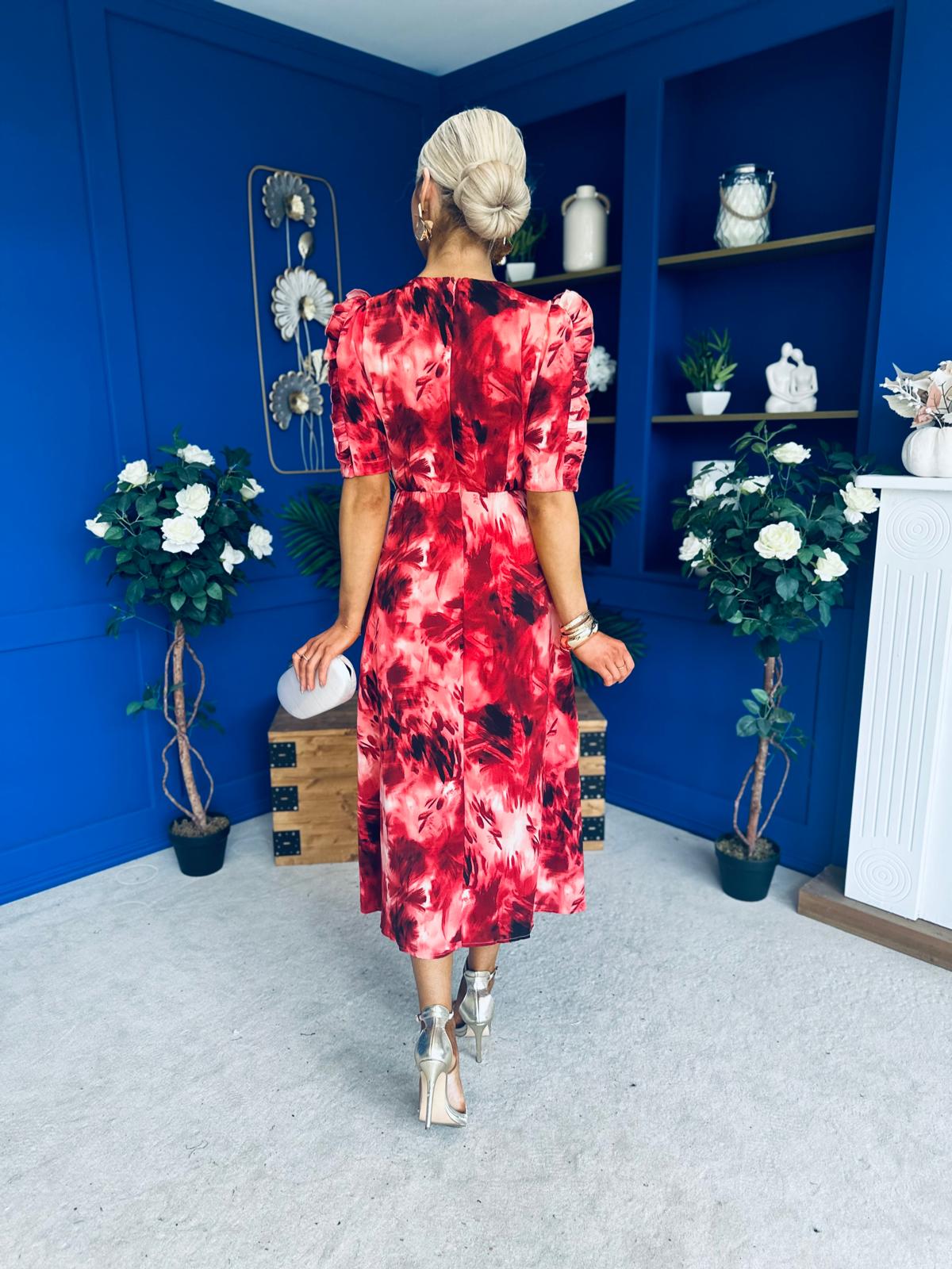 Samira Frill Sleeve Midi Dress Abstract Red