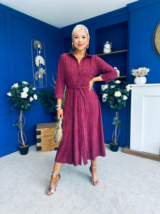 Angela Long Sleeve Maxi Shirt Dress Suede Wine