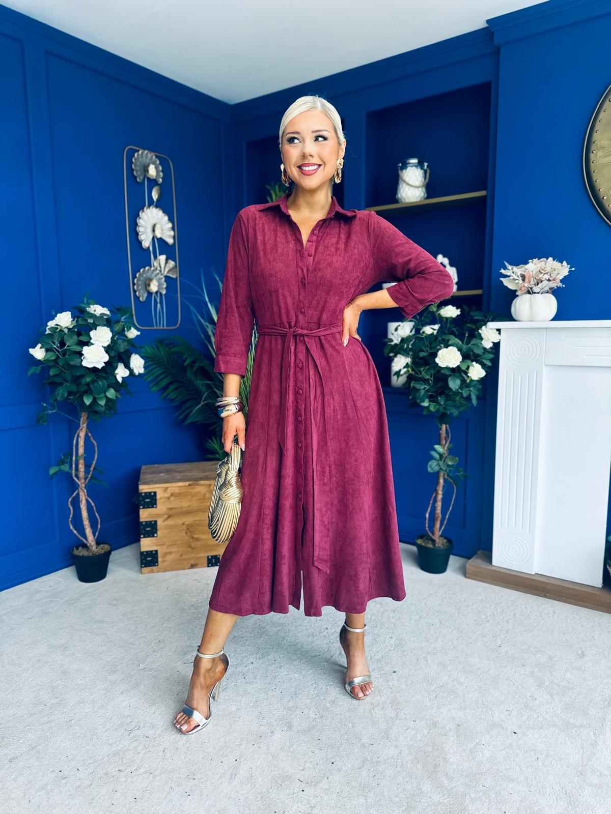 Angela Long Sleeve Maxi Shirt Dress Suede Wine