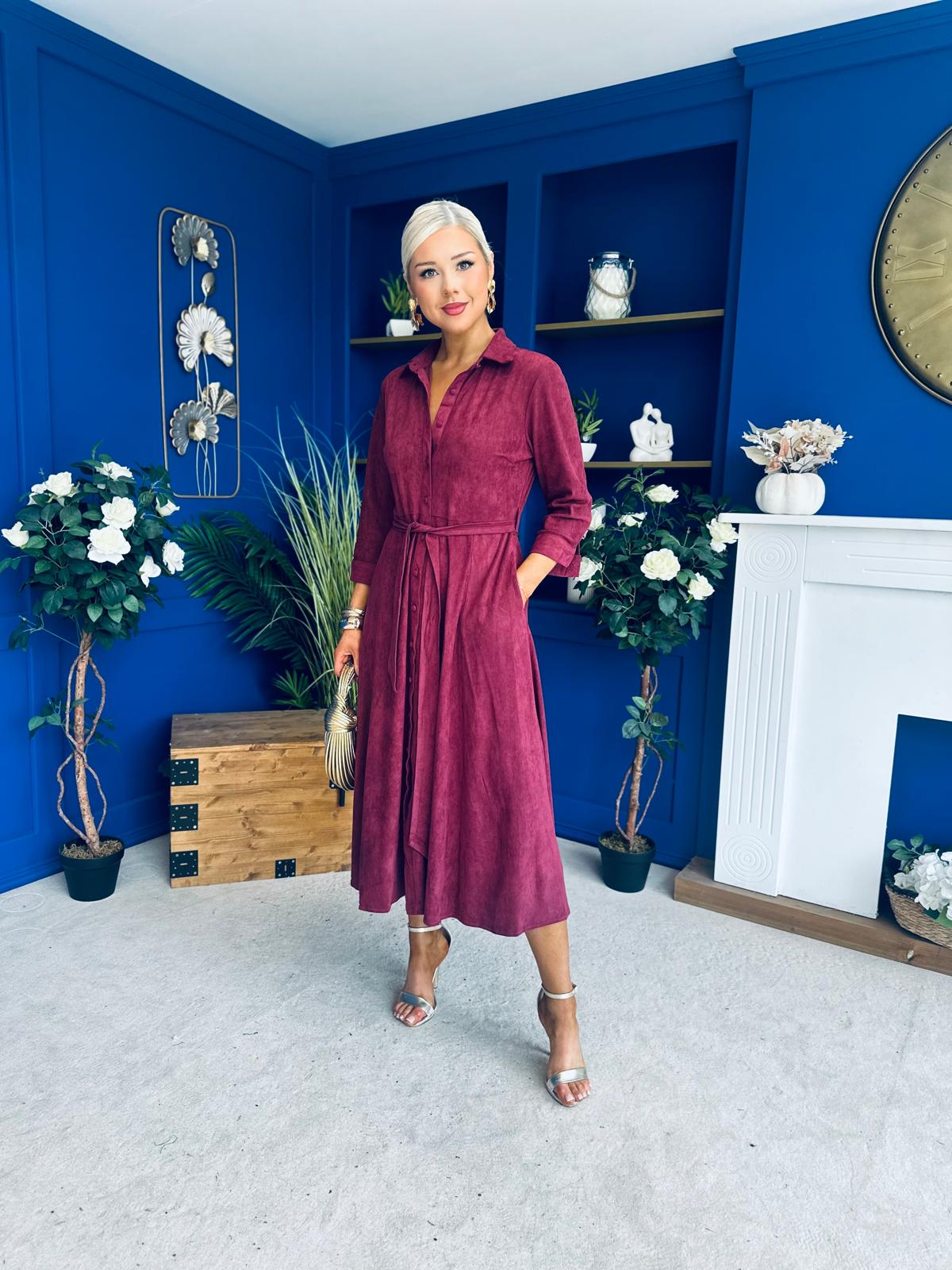 Angela Long Sleeve Maxi Shirt Dress Suede Wine