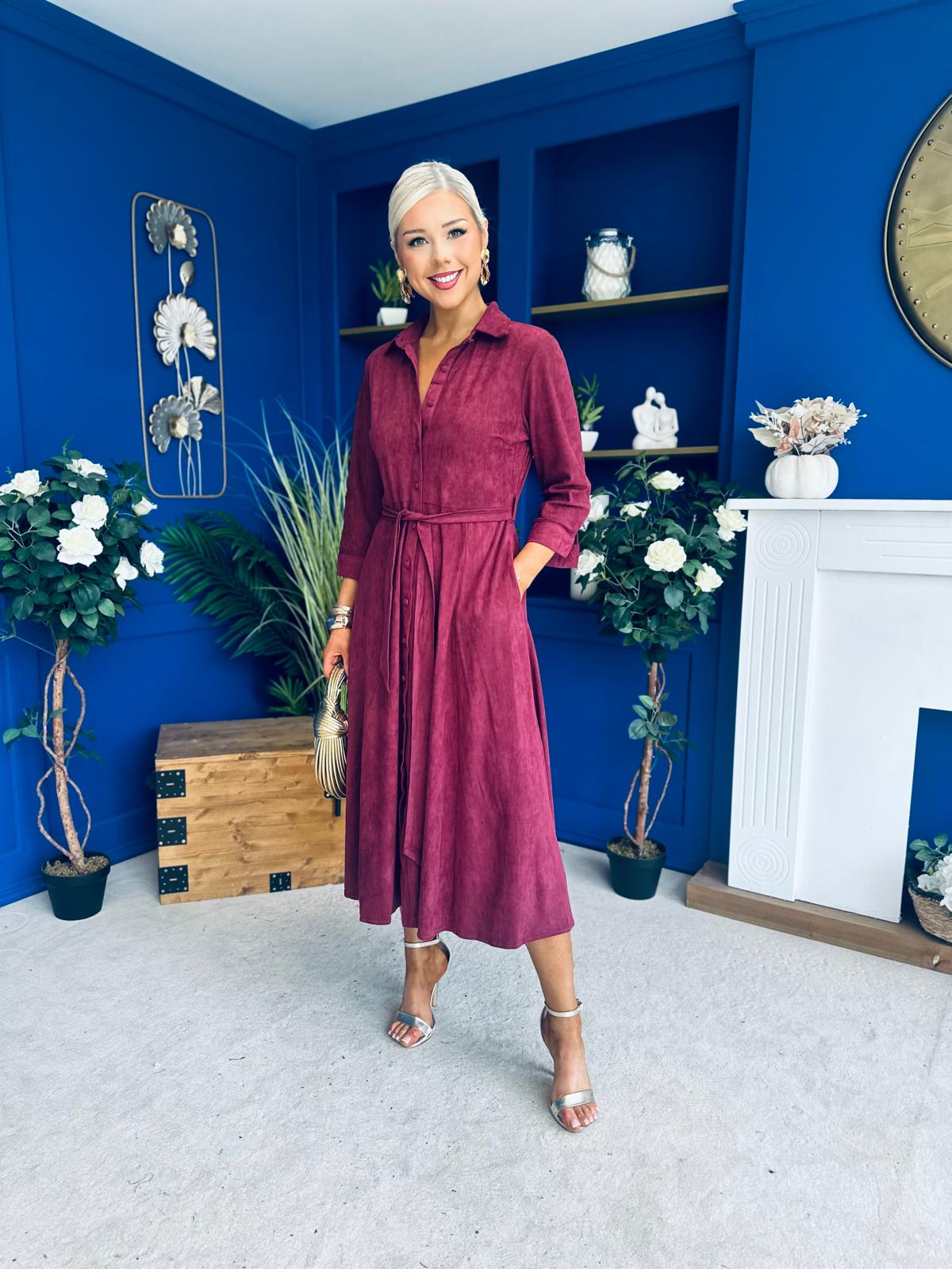 Angela Long Sleeve Maxi Shirt Dress Suede Wine