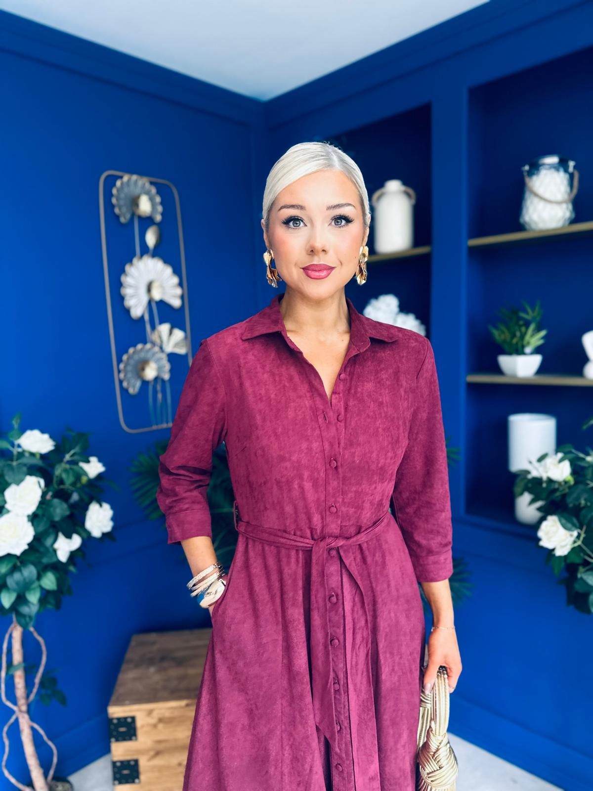 Angela Long Sleeve Maxi Shirt Dress Suede Wine