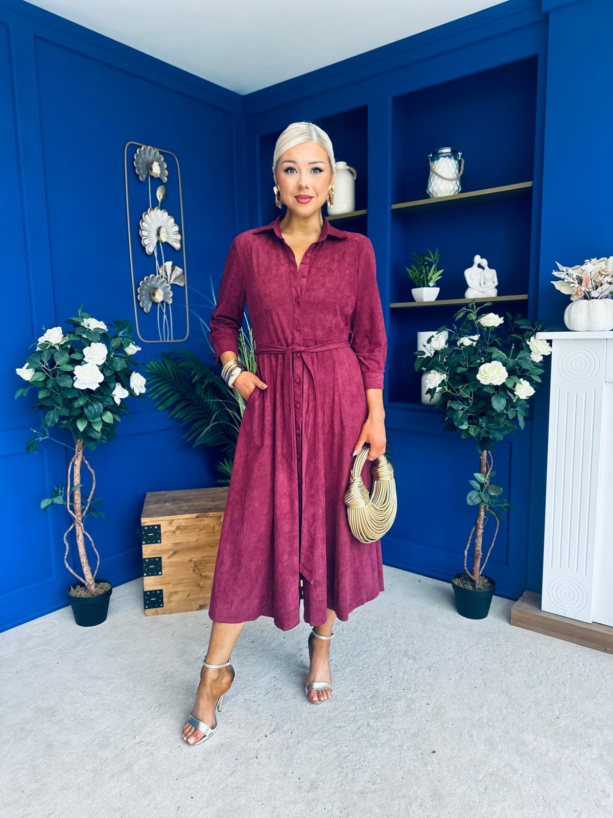 Angela Long Sleeve Maxi Shirt Dress Suede Wine