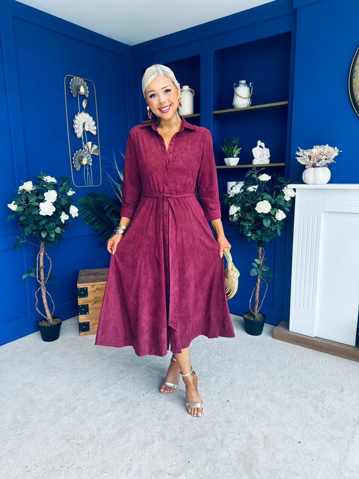Angela Long Sleeve Maxi Shirt Dress Suede Wine
