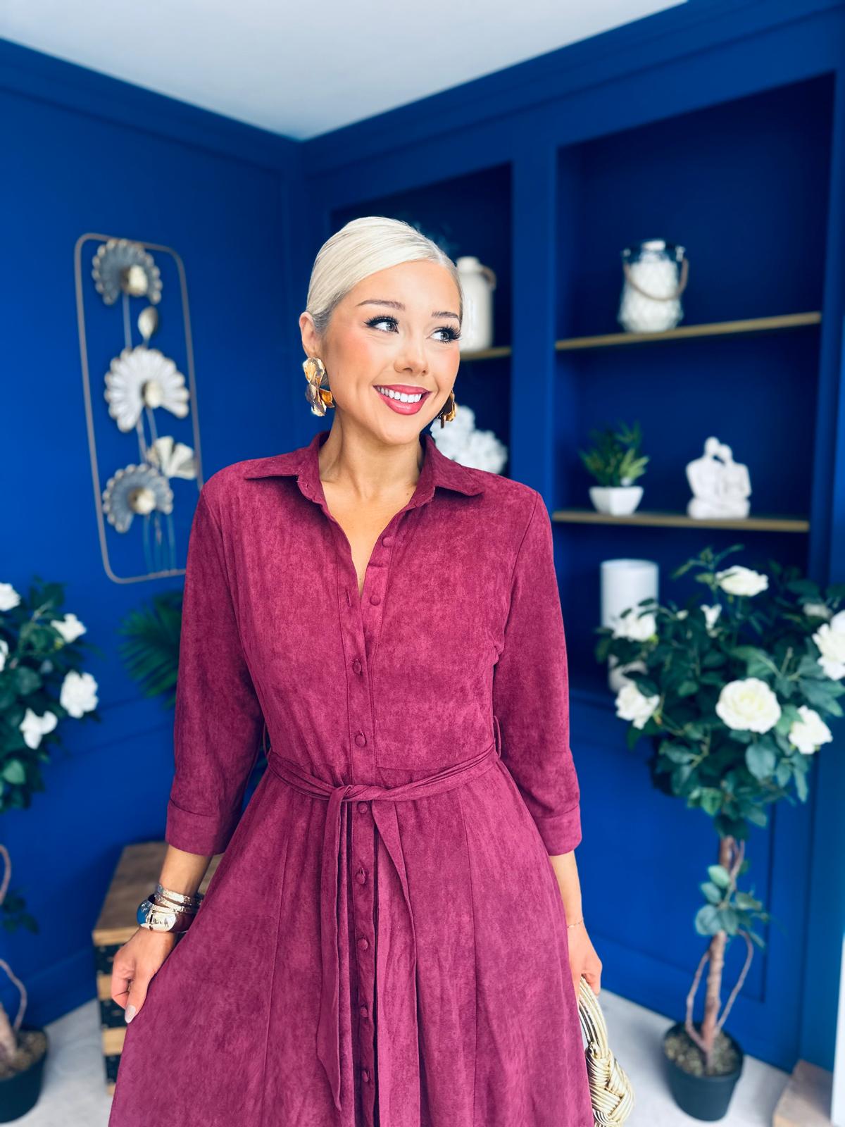 Angela Long Sleeve Maxi Shirt Dress Suede Wine