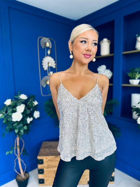 Julia Sequin Cami Top Beige