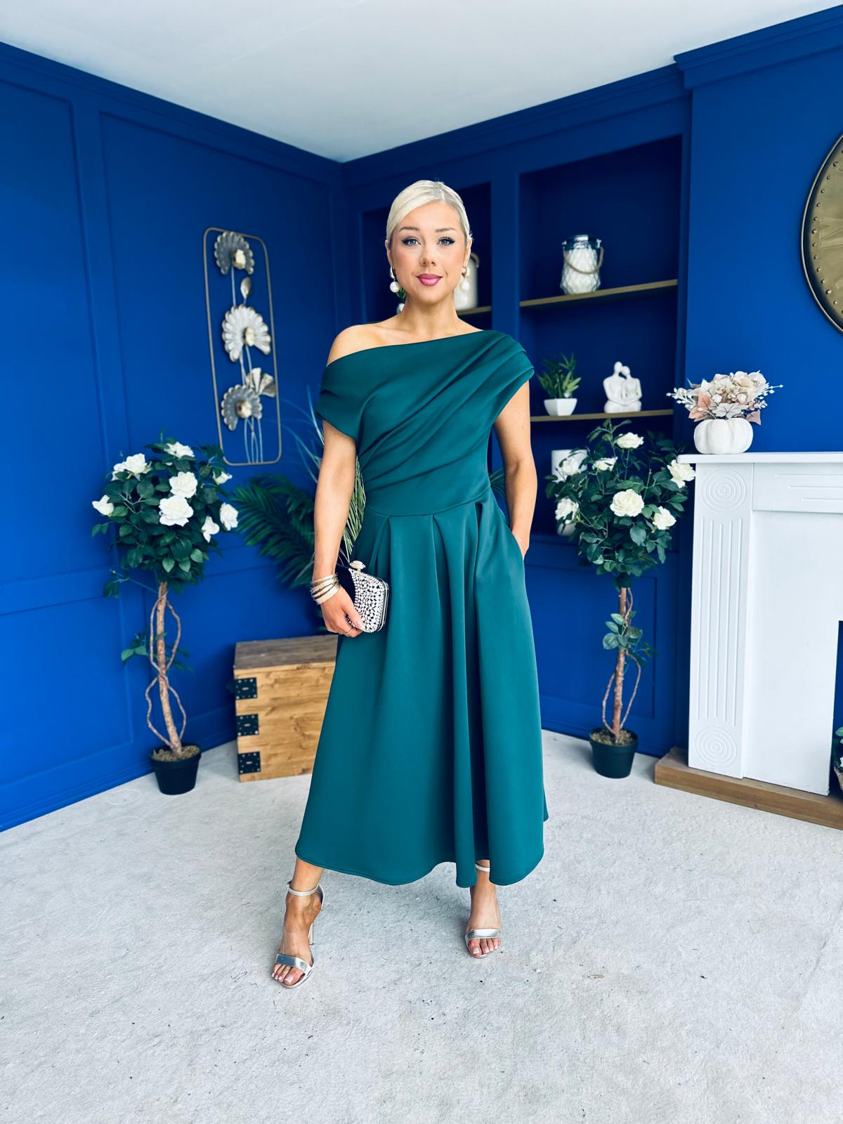 Breffy Asymmetric Neckline Skater Midi Emerald Pre Order 25 Oct
