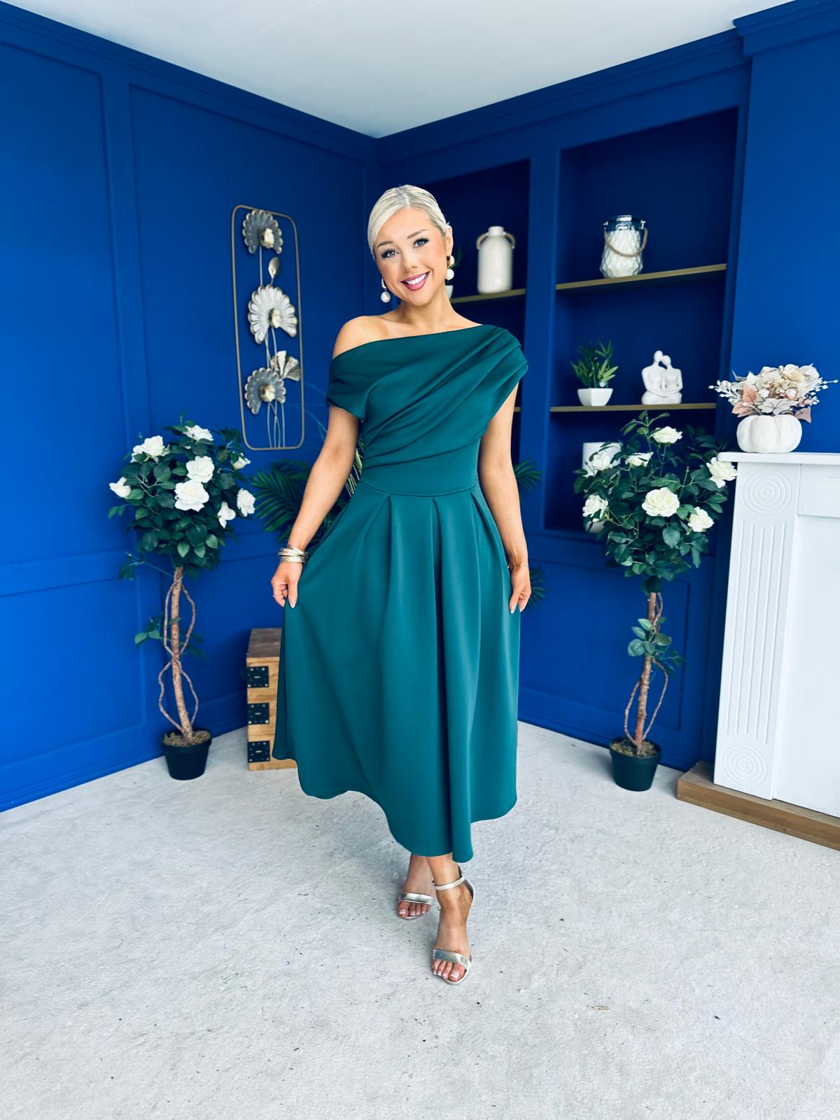 Breffy Asymmetric Neckline Skater Midi Emerald Pre Order 25 Oct