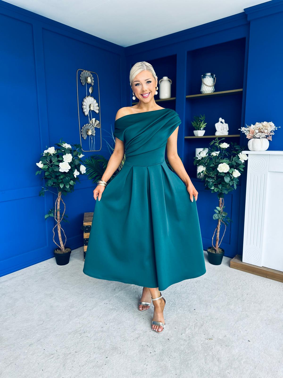 Breffy Asymmetric Neckline Skater Midi Emerald Pre Order 25 Oct