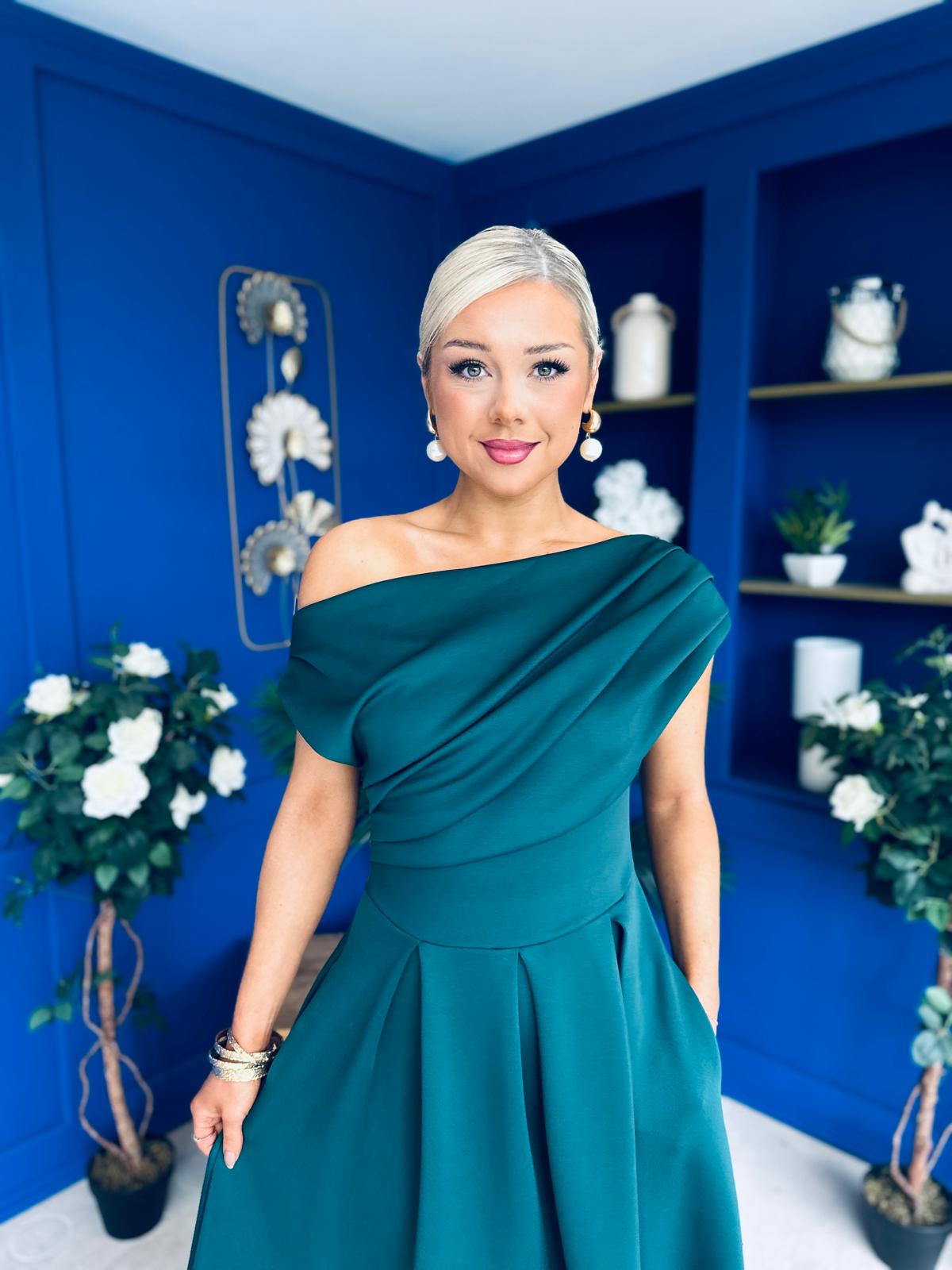 Breffy Asymmetric Neckline Skater Midi Emerald Pre Order 25 Oct