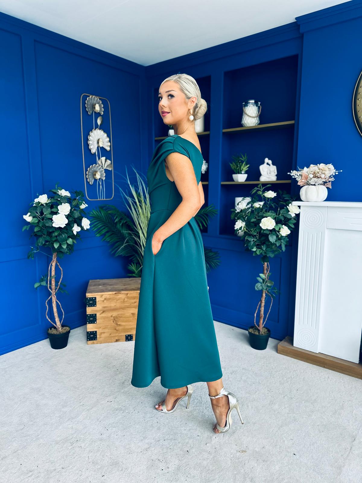 Breffy Asymmetric Neckline Skater Midi Emerald Pre Order 25 Oct
