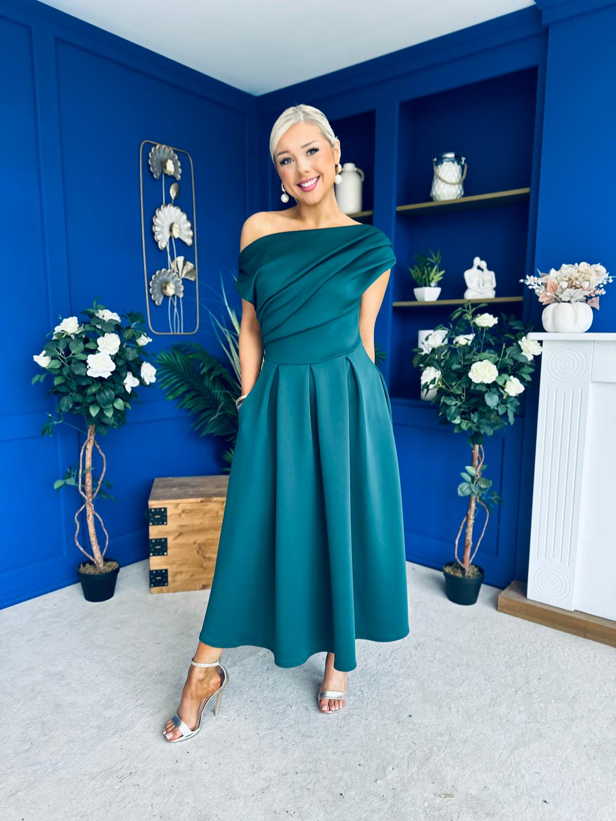 Breffy Asymmetric Neckline Skater Midi Emerald Pre Order 25 Oct