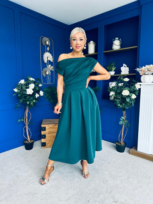 Breffy Asymmetric Neckline Skater Midi Emerald Pre Order 25 Oct