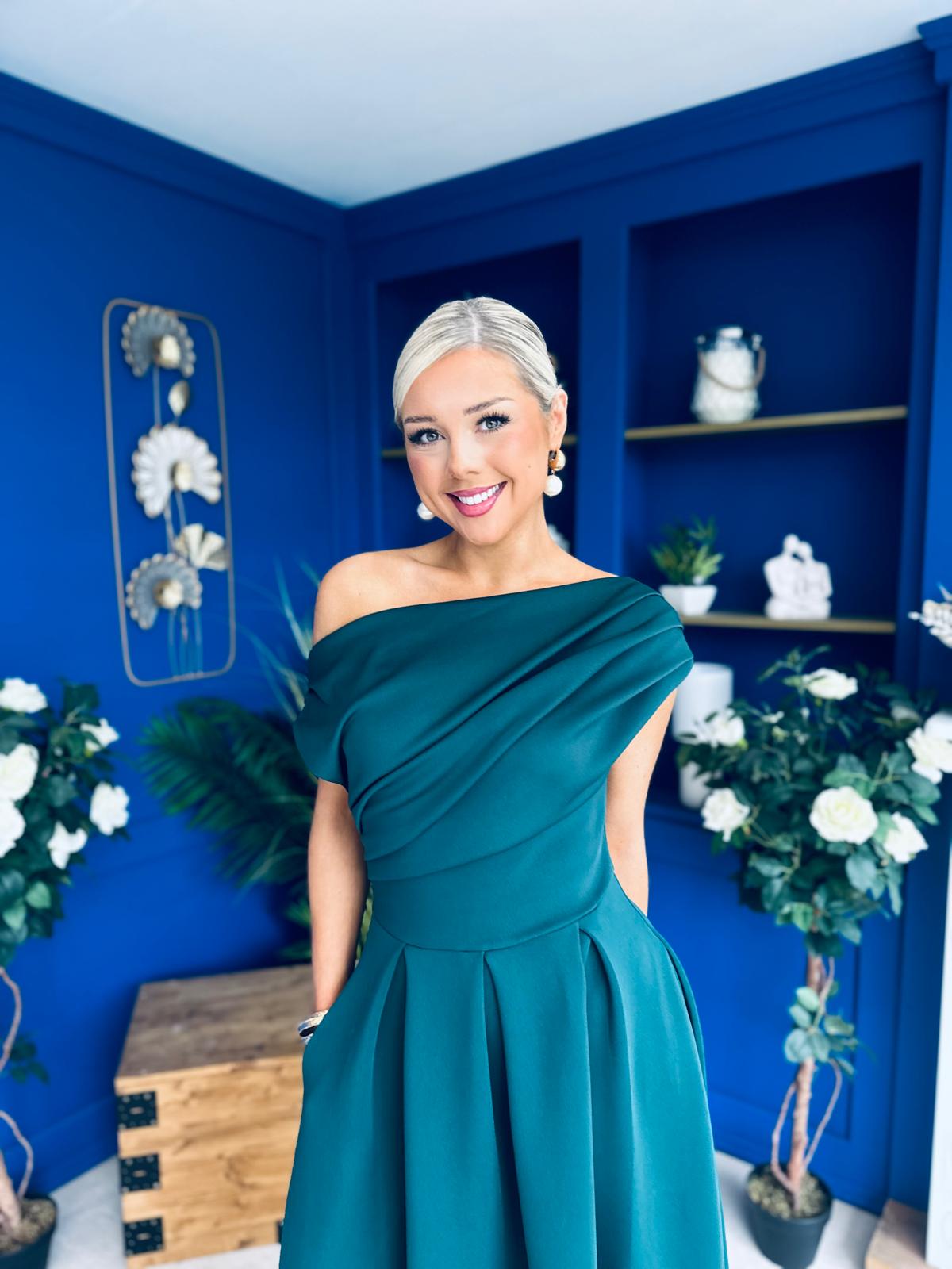 Breffy Asymmetric Neckline Skater Midi Emerald Pre Order 25 Oct