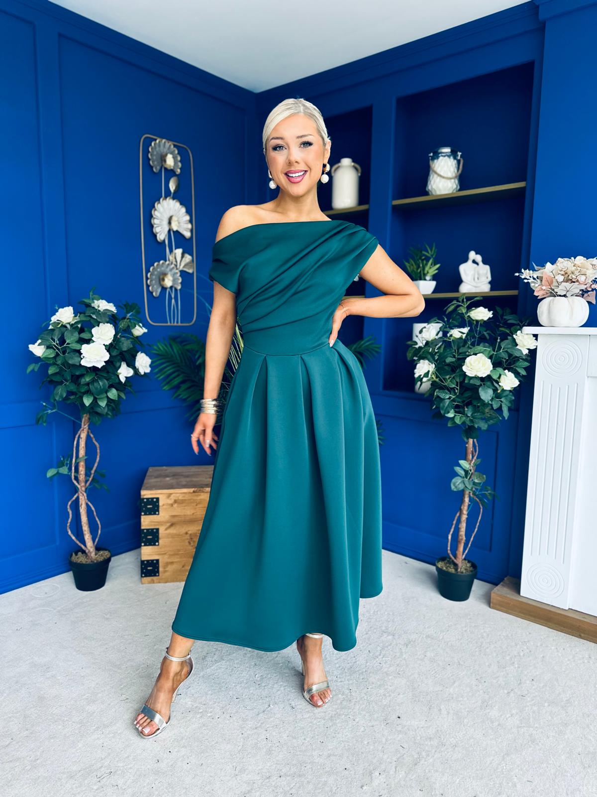 Breffy Asymmetric Neckline Skater Midi Emerald Pre Order 25 Oct