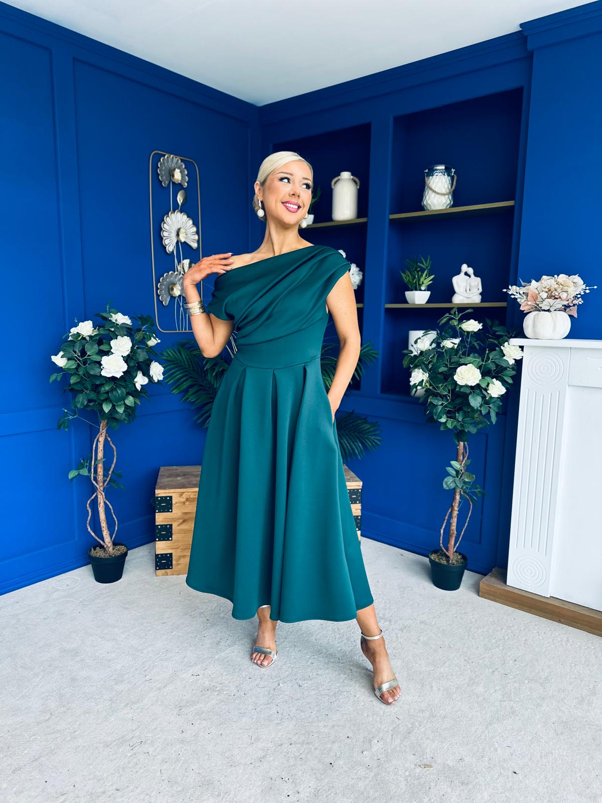 Breffy Asymmetric Neckline Skater Midi Emerald Pre Order 25 Oct