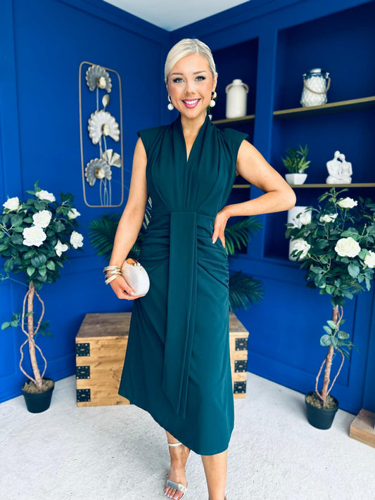 Quinn Drape Detail Midi Dress Forest