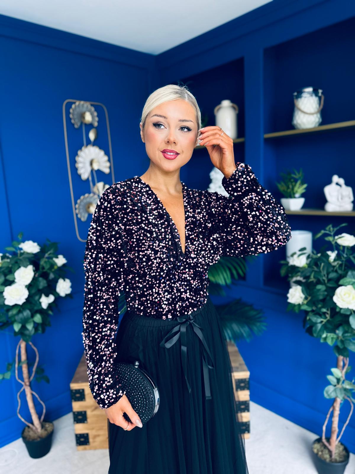 Stefy Detailed Sequin Top Rose Gold