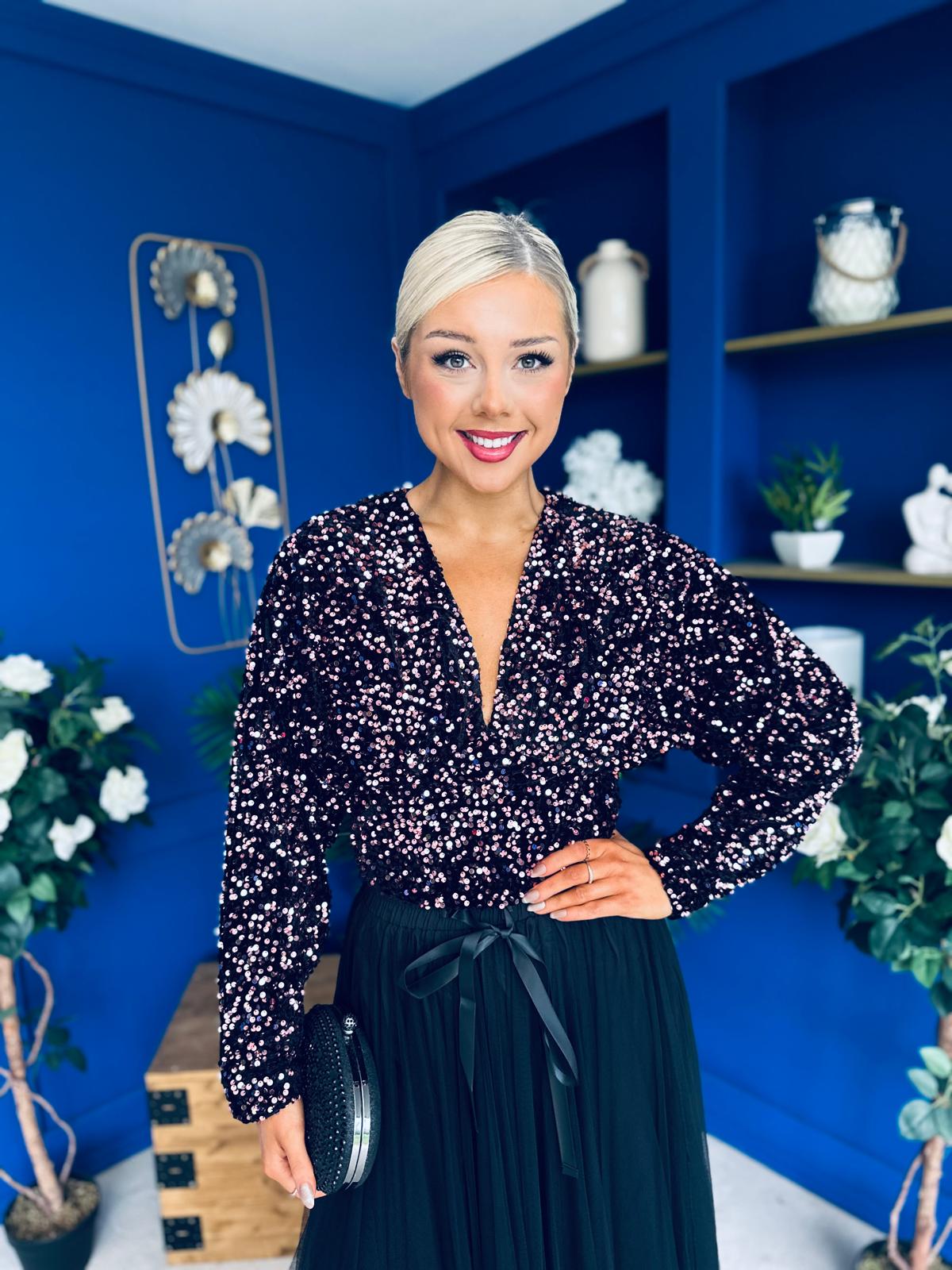 Stefy Detailed Sequin Top Rose Gold