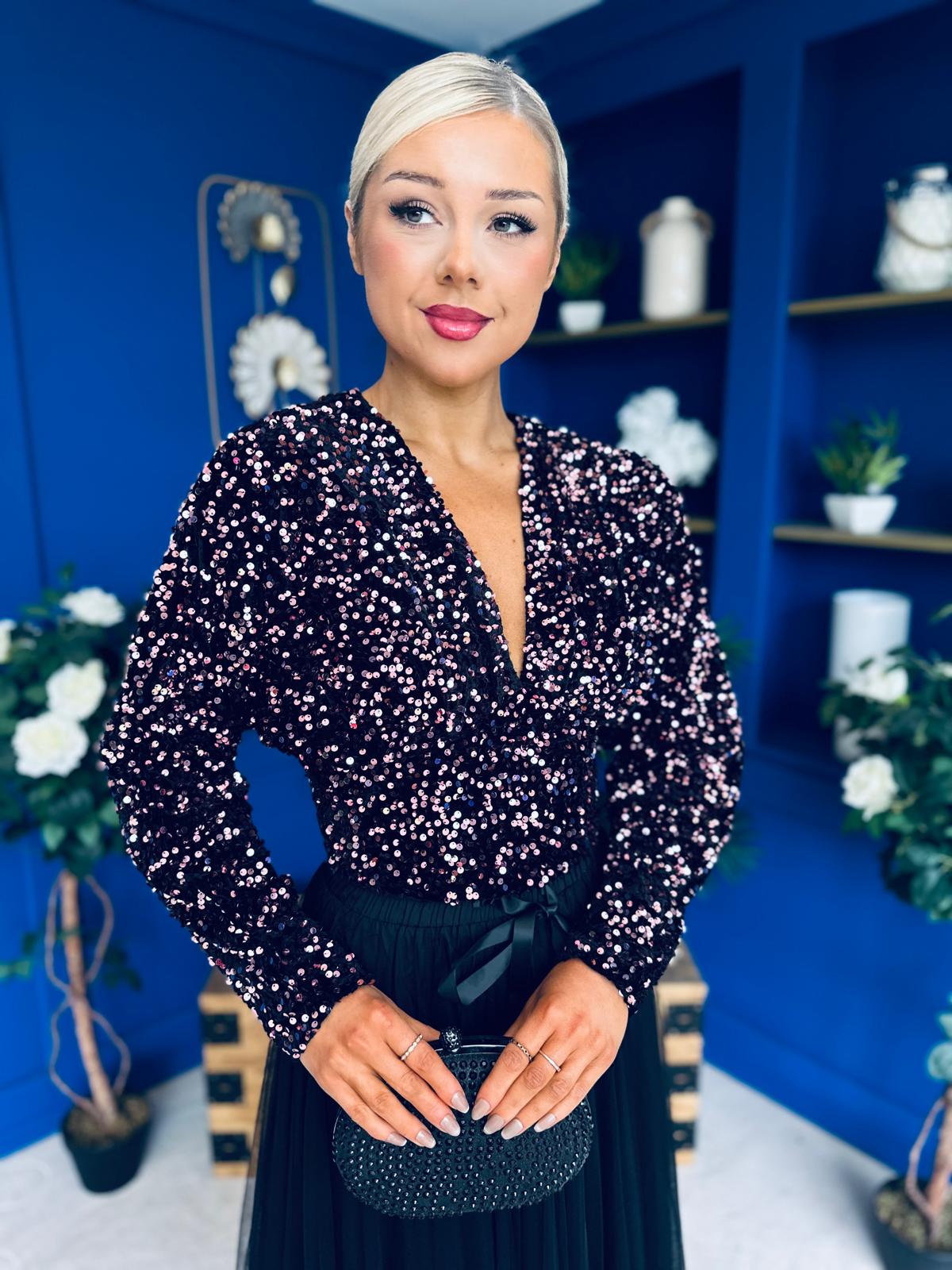 Stefy Detailed Sequin Top Rose Gold