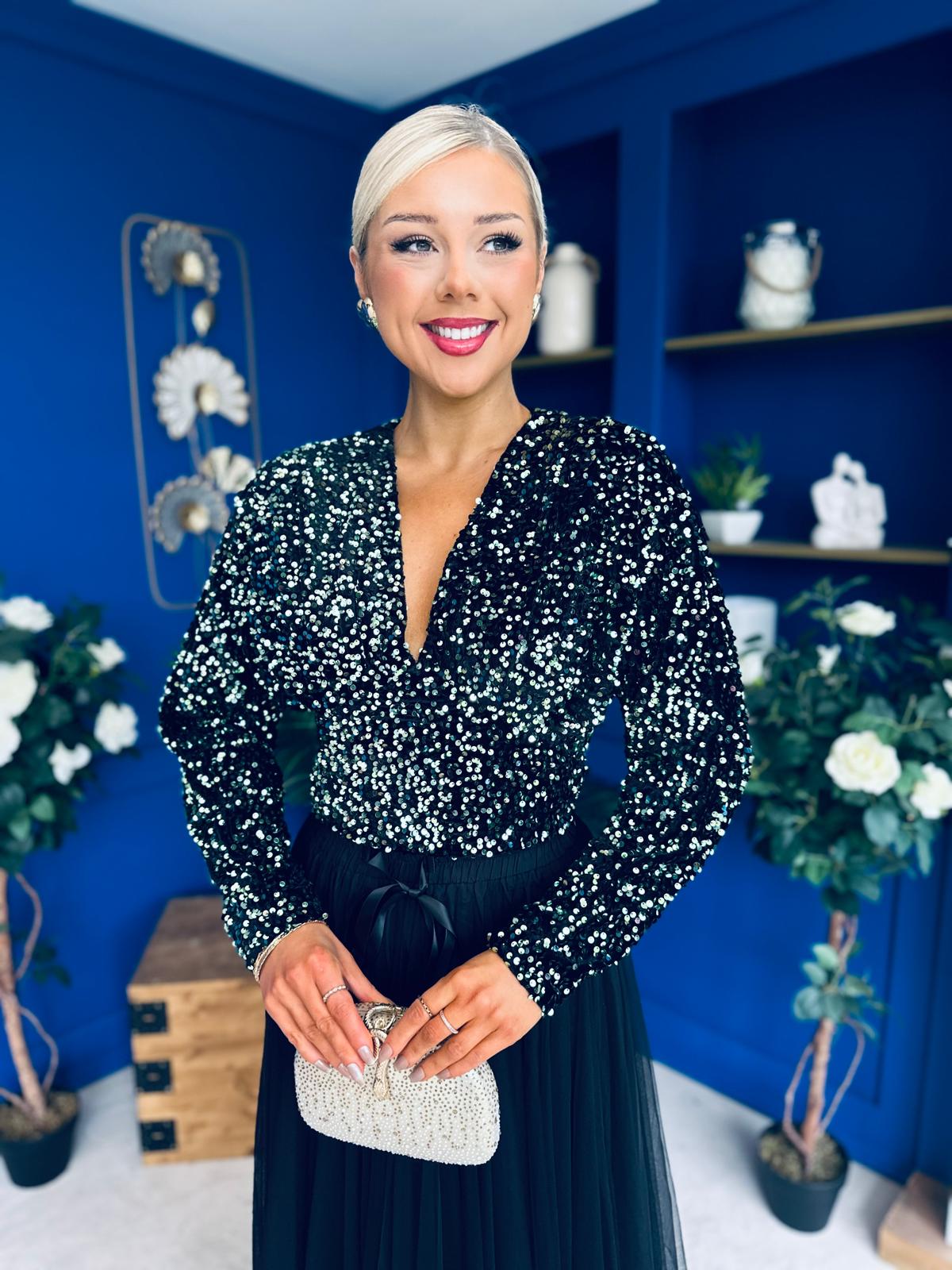 Stefy Detailed Sequin Top Green