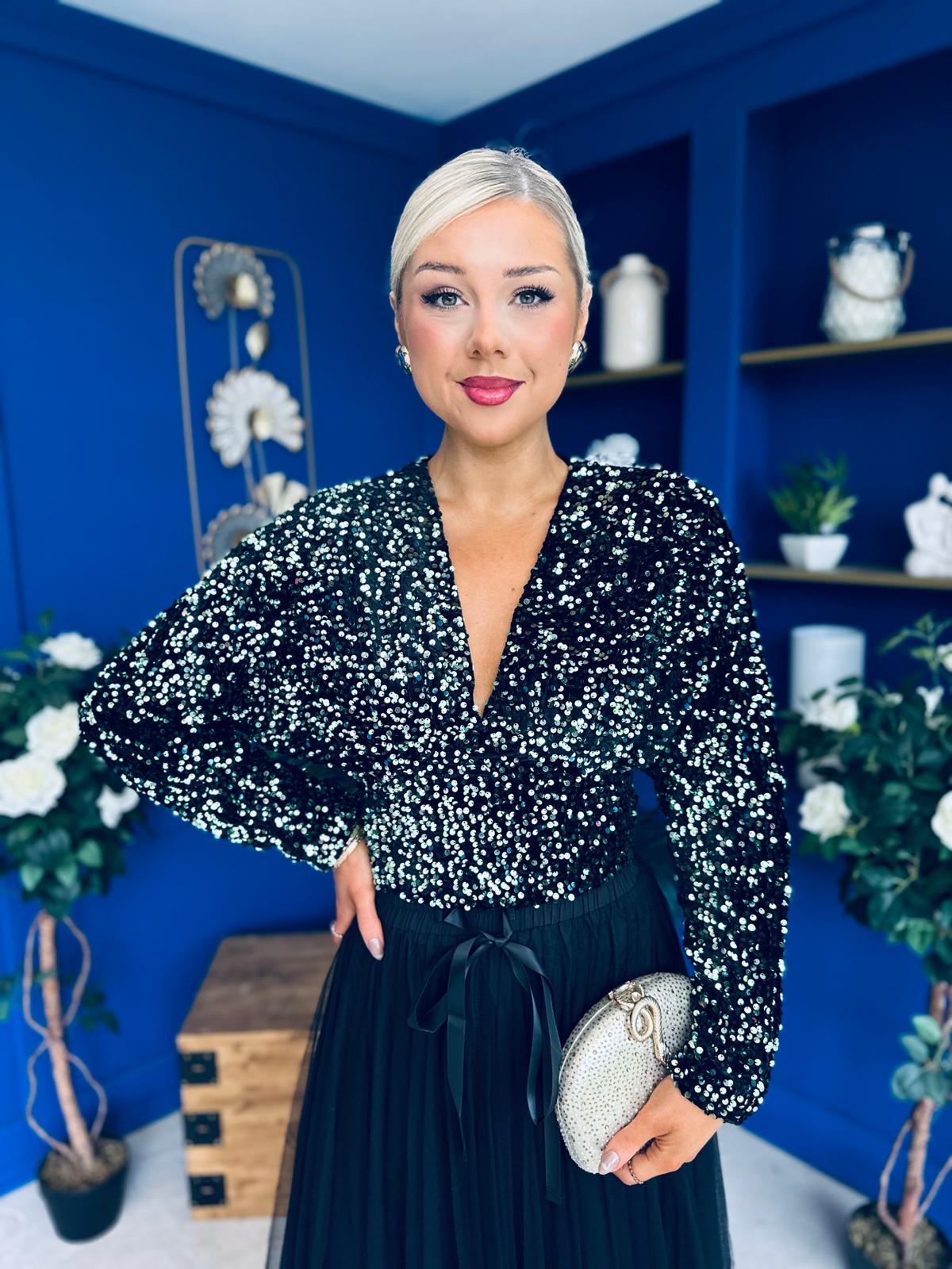 Stefy Detailed Sequin Top Green