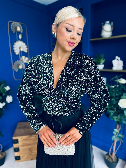 Stefy Detailed Sequin Top Green