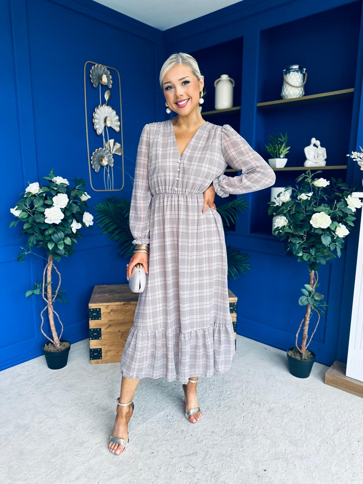 Zoe Banded Midi Dress Check Beige