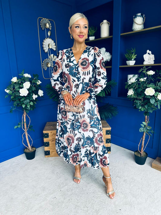 Zoe Banded Midi Dress Floral Blue