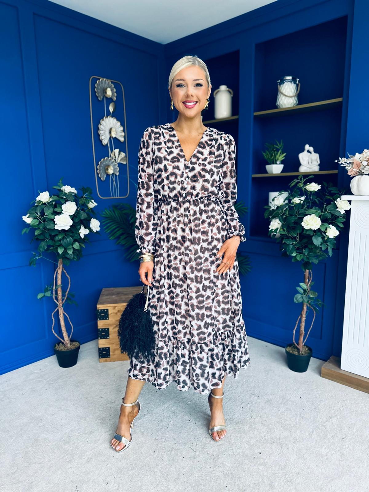 Zoe Banded Midi Dress Leopard Beige