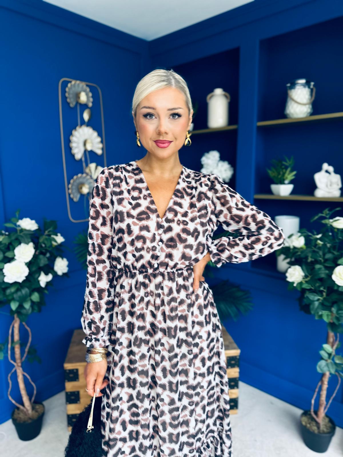 Zoe Banded Midi Dress Leopard Beige