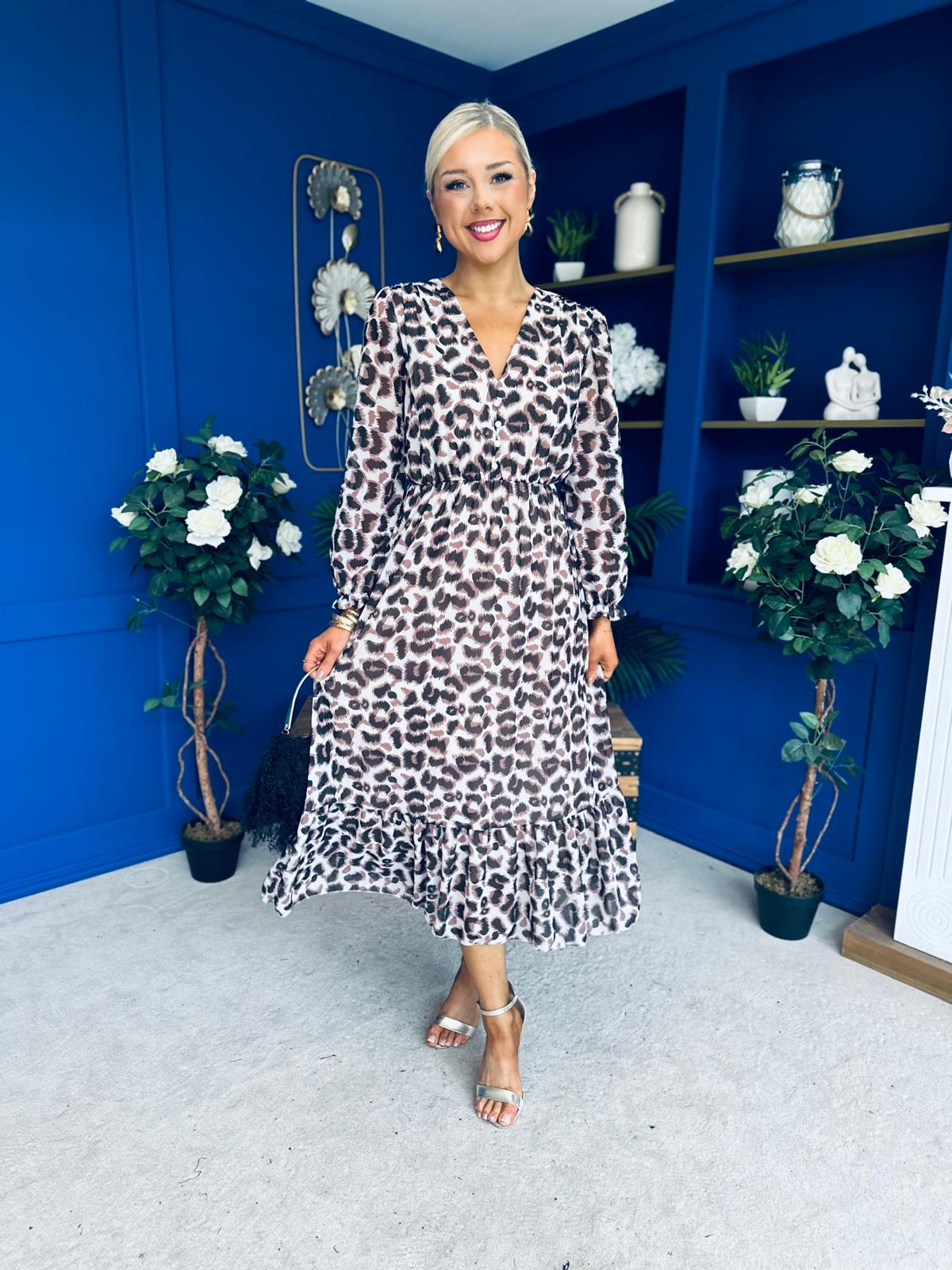 Zoe Banded Midi Dress Leopard Beige