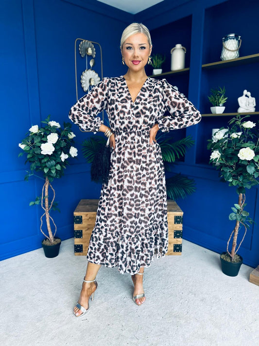 Zoe Banded Midi Dress Leopard Beige