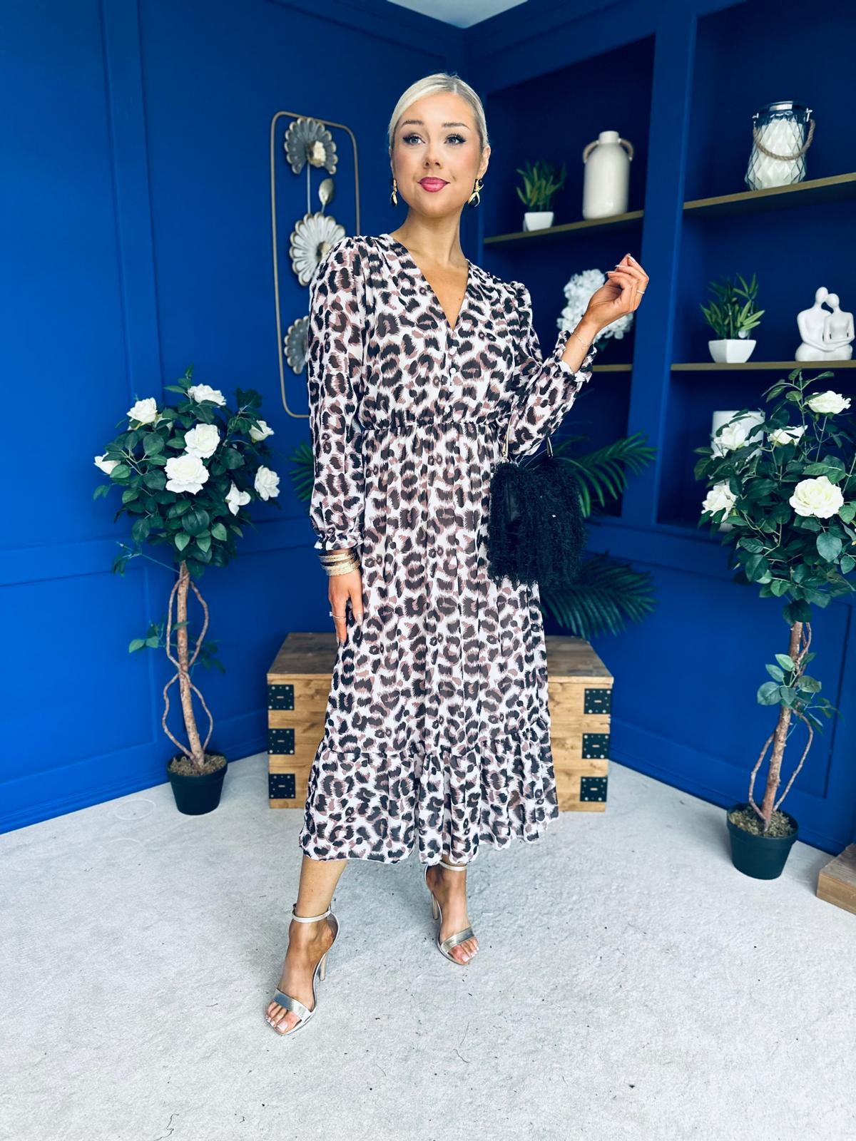 Zoe Banded Midi Dress Leopard Beige
