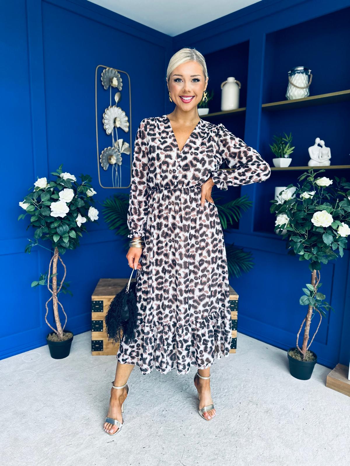 Zoe Banded Midi Dress Leopard Beige