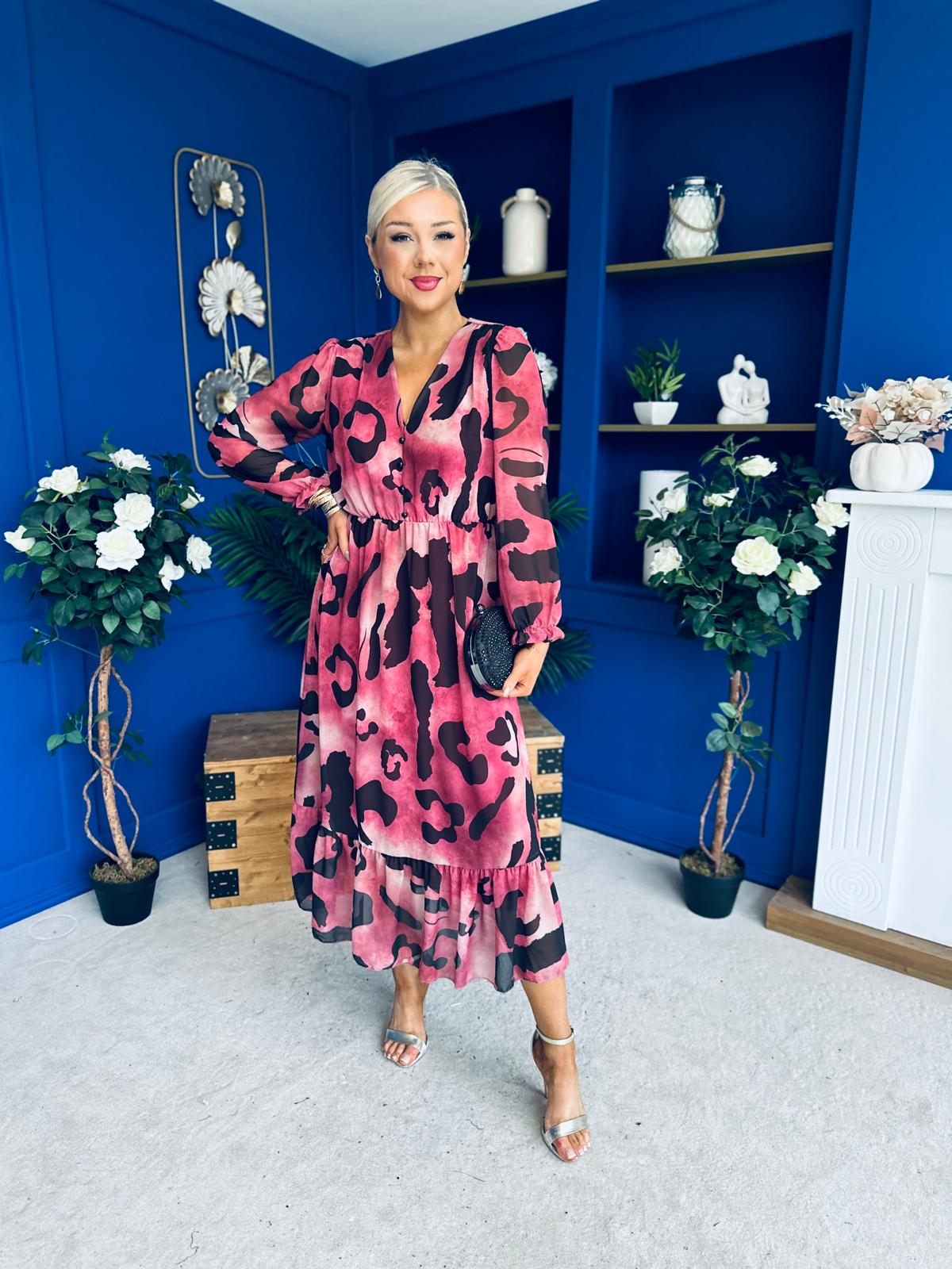 Zoe Banded Midi Dress Animal Ruby