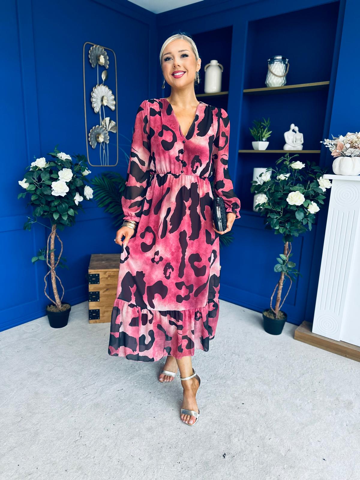 Zoe Banded Midi Dress Animal Ruby