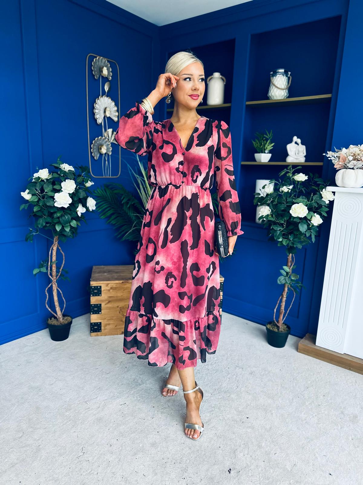 Zoe Banded Midi Dress Animal Ruby