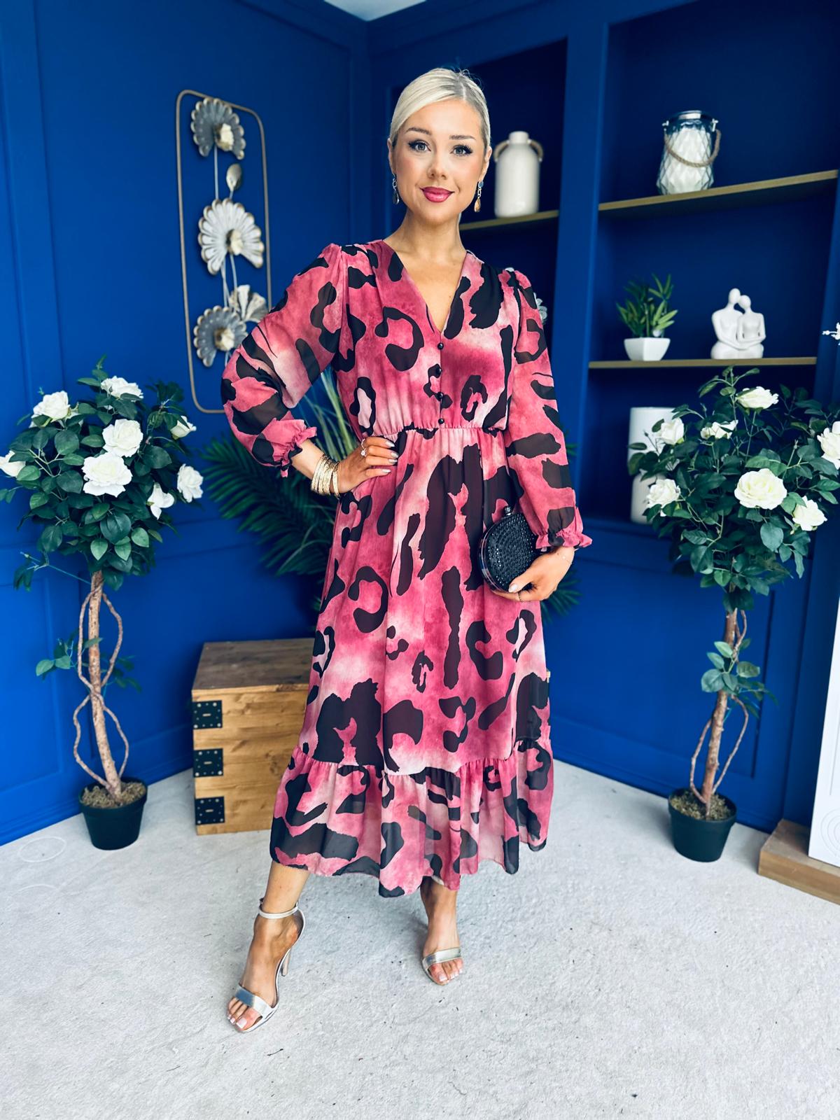 Zoe Banded Midi Dress Animal Ruby