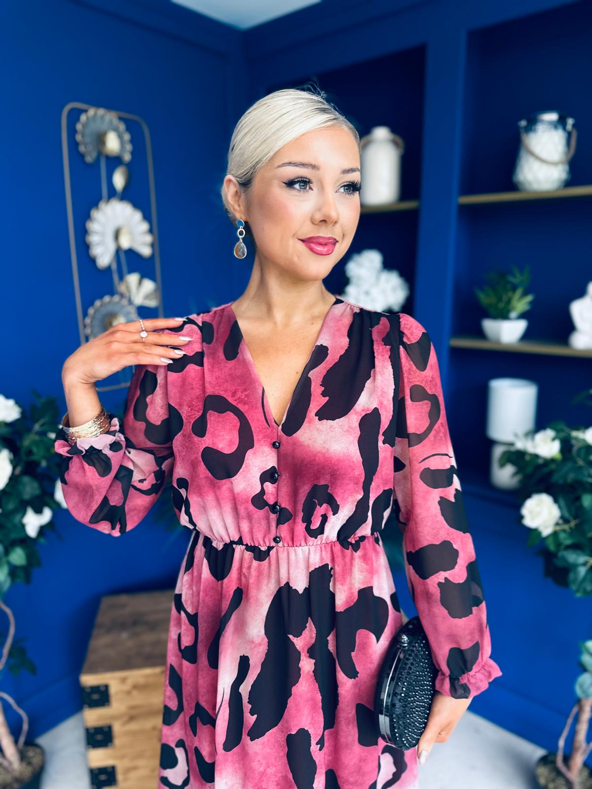 Zoe Banded Midi Dress Animal Ruby