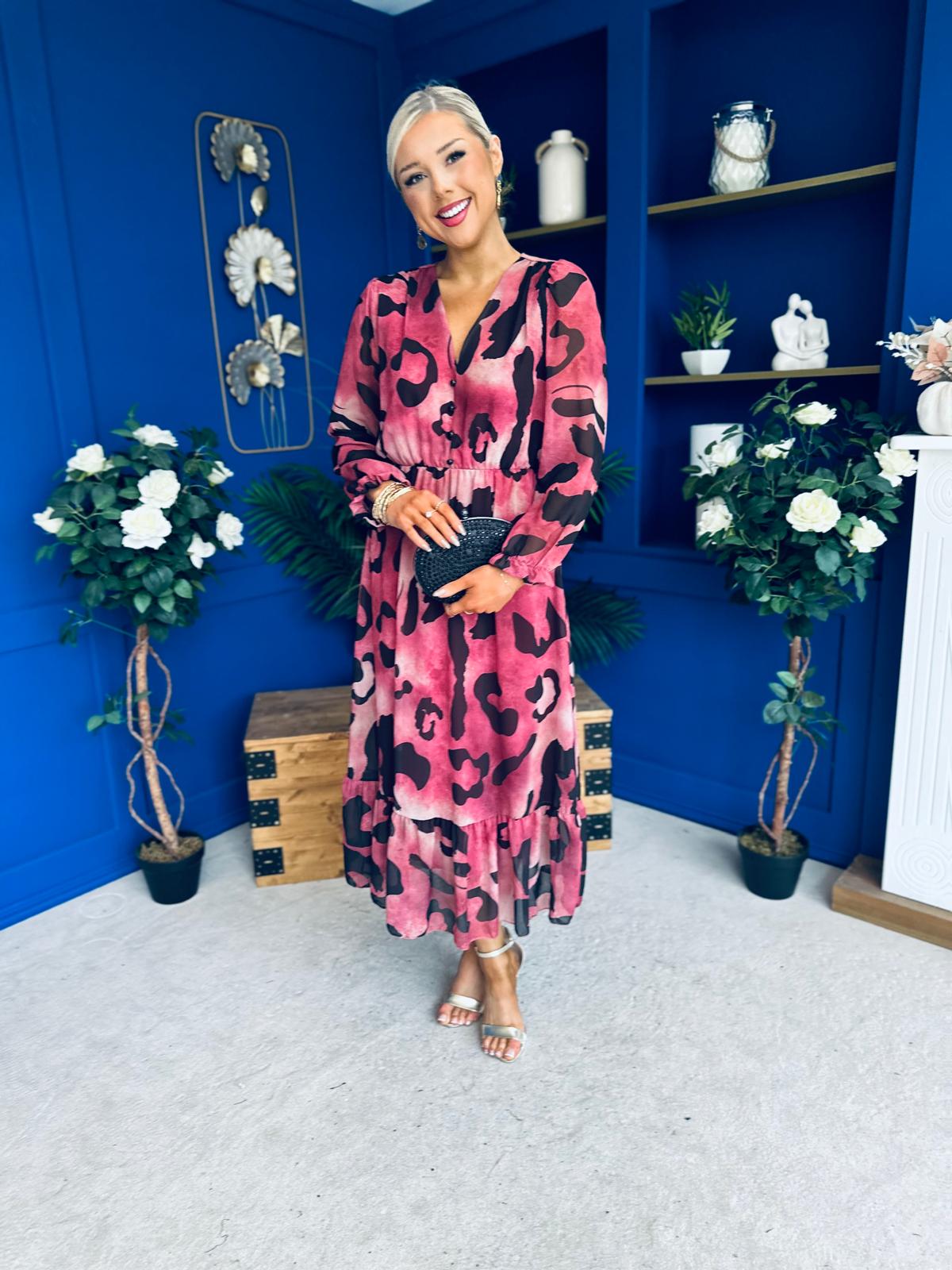 Zoe Banded Midi Dress Animal Ruby