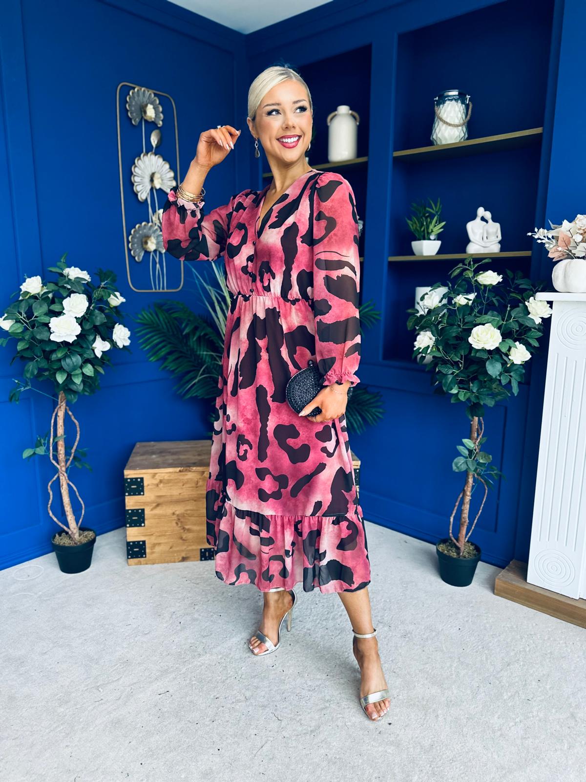 Zoe Banded Midi Dress Animal Ruby