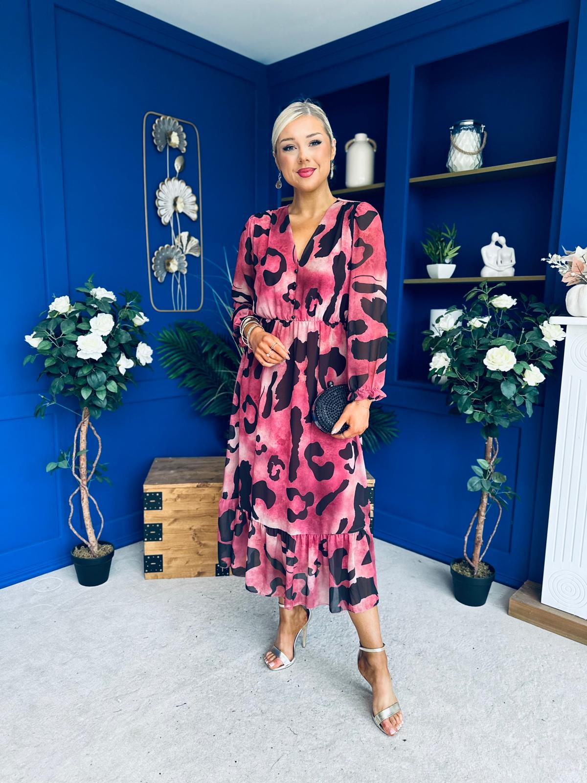 Zoe Banded Midi Dress Animal Ruby