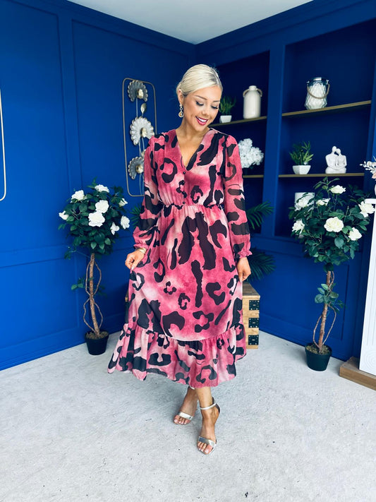 Zoe Banded Midi Dress Animal Ruby