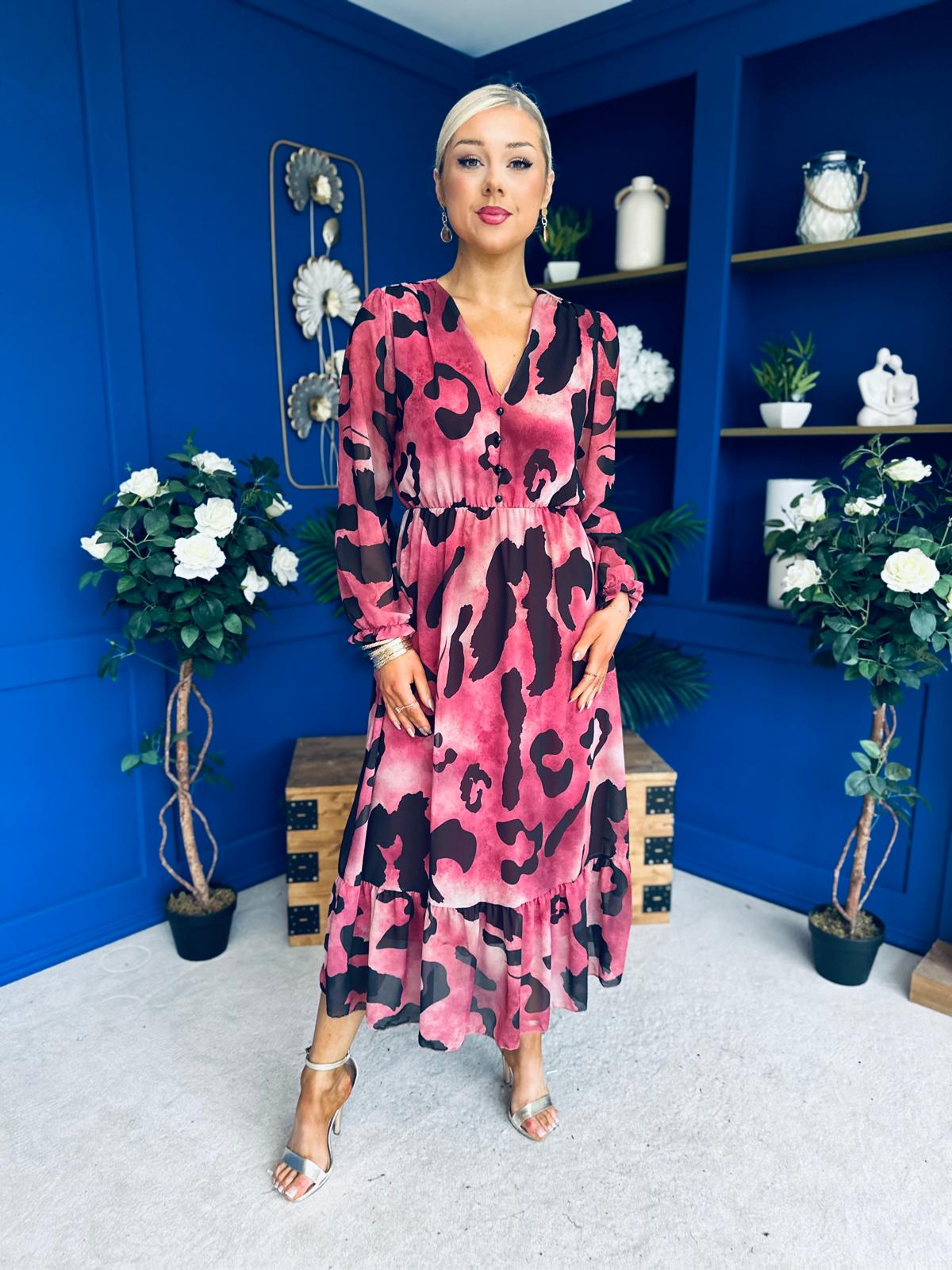 Zoe Banded Midi Dress Animal Ruby