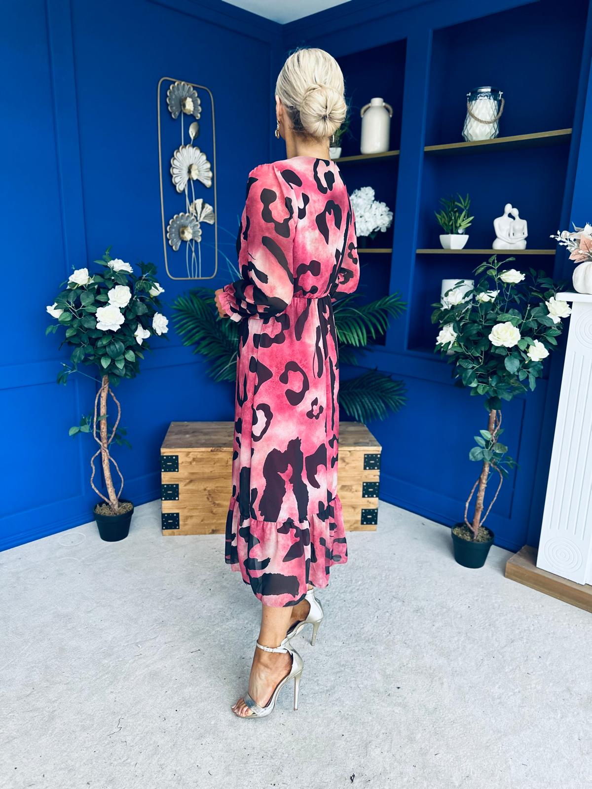 Zoe Banded Midi Dress Animal Ruby