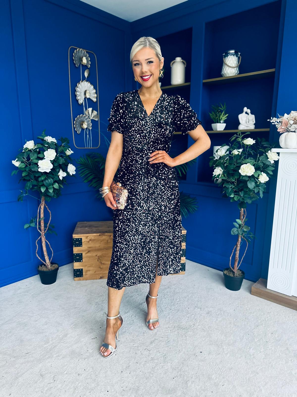 Phoebe Banded Sequin Midi Dress Black