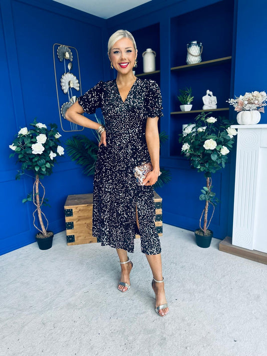 Phoebe Banded Sequin Midi Dress Black