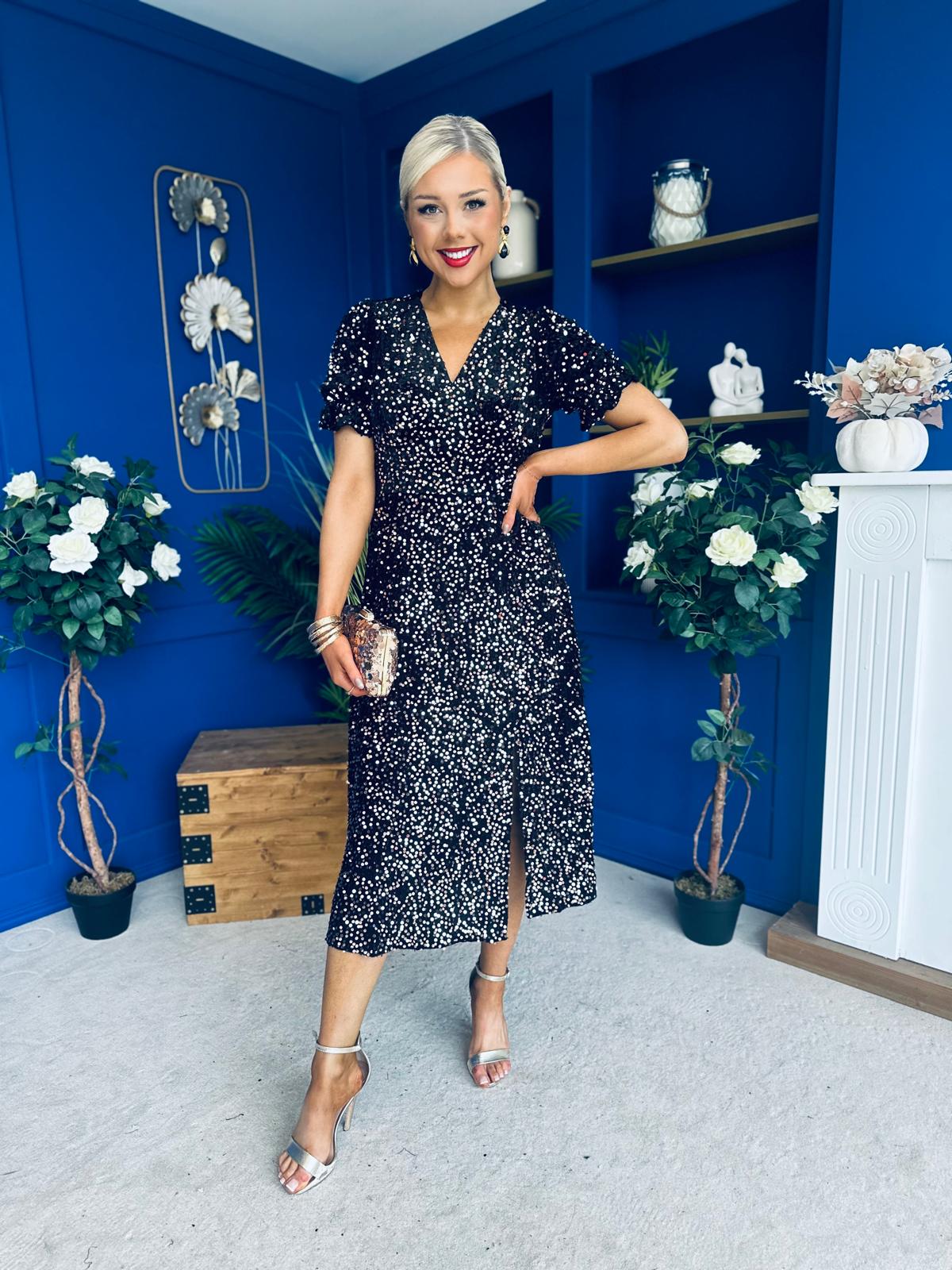 Phoebe Banded Sequin Midi Dress Black
