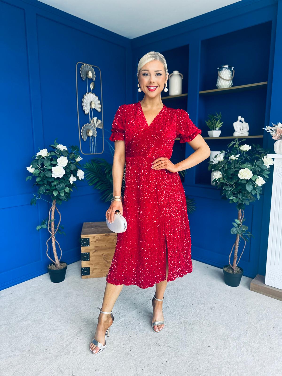 Phoebe Banded Sequin Midi Dress Red